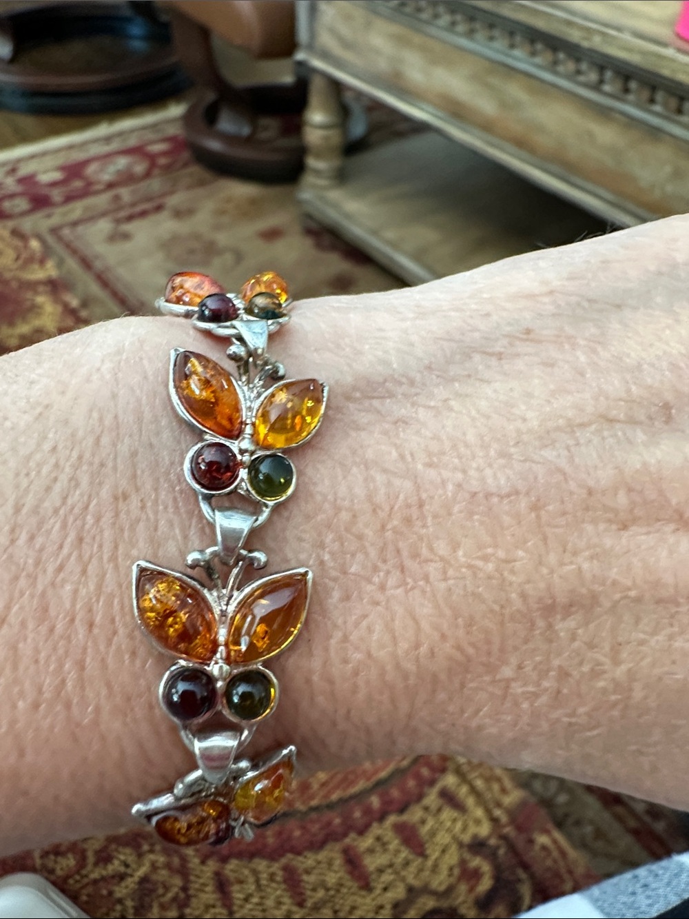 Sterling Silver Amber Butterfly Link Bracelet in Golden Amber